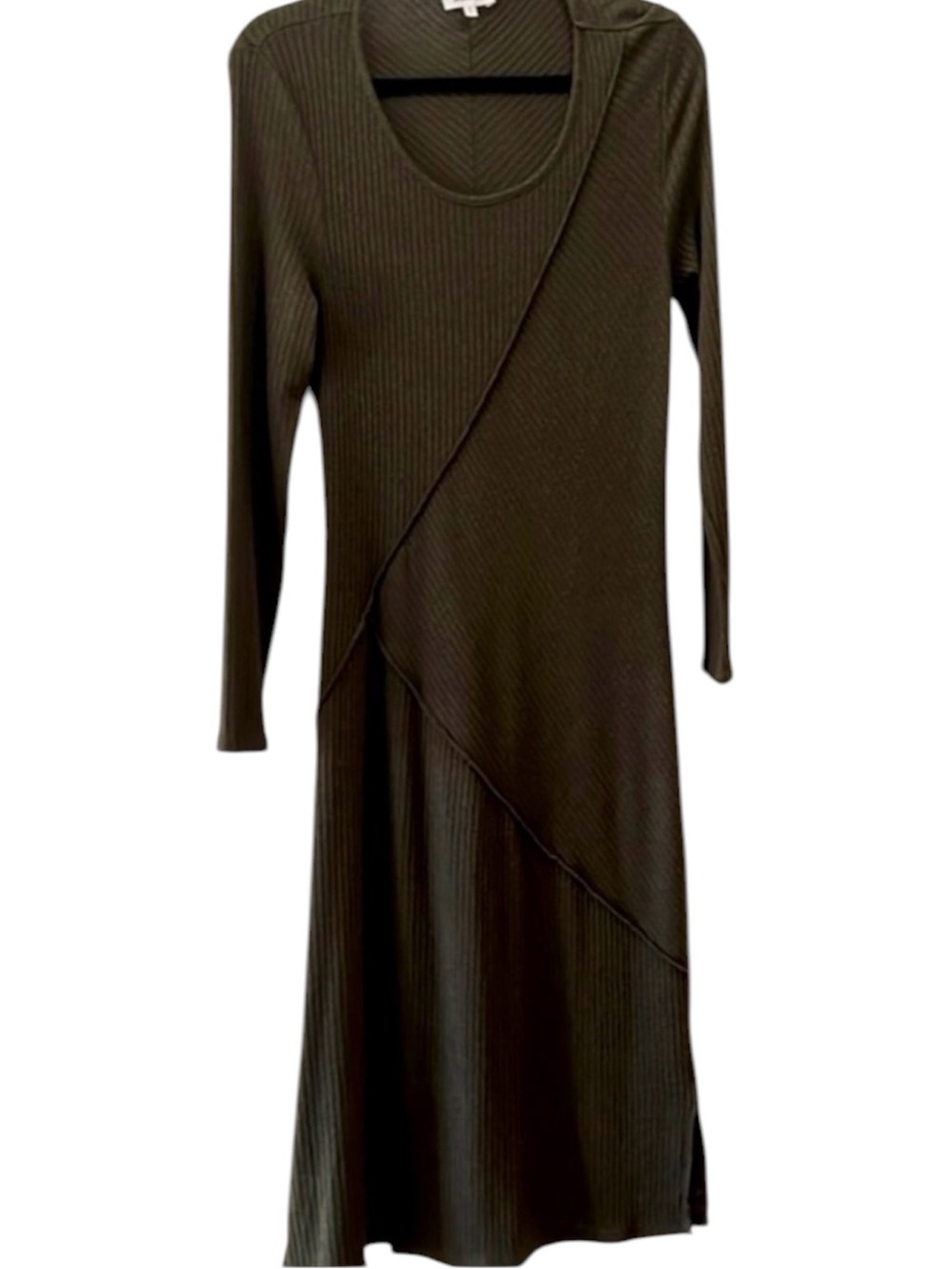 Cleo Olive Green Asymmetrical Ribbed Long Sleeve Midi Maxi Dress Size Large